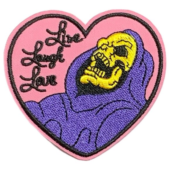 Skeletor Live Laugh Love Iron on Embroidered Patch Pink Purple Heart Shaped - Picture 4 of 4